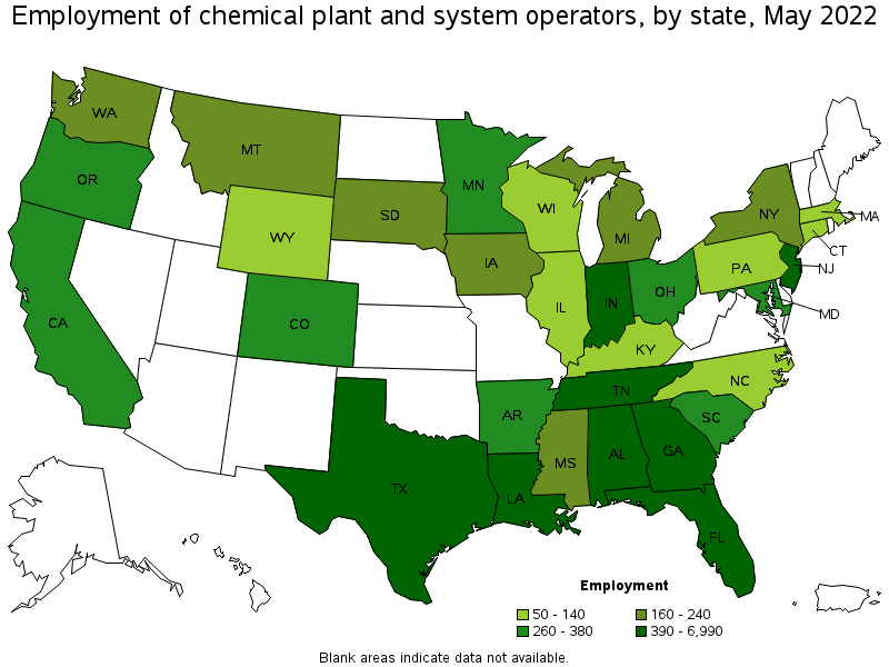 Map of employment of chemical plant and system operators by state, May 2022