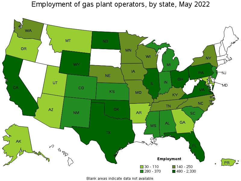 Map of employment of gas plant operators by state, May 2022