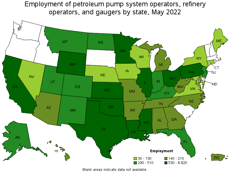 Map of employment of petroleum pump system operators, refinery operators, and gaugers by state, May 2022