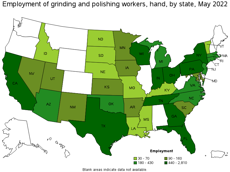 Map of employment of grinding and polishing workers, hand by state, May 2022