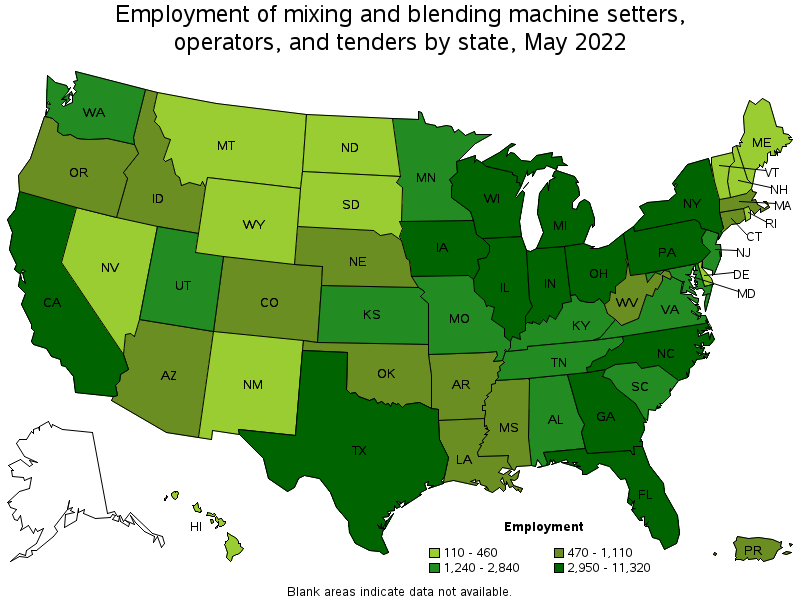 Map of employment of mixing and blending machine setters, operators, and tenders by state, May 2022