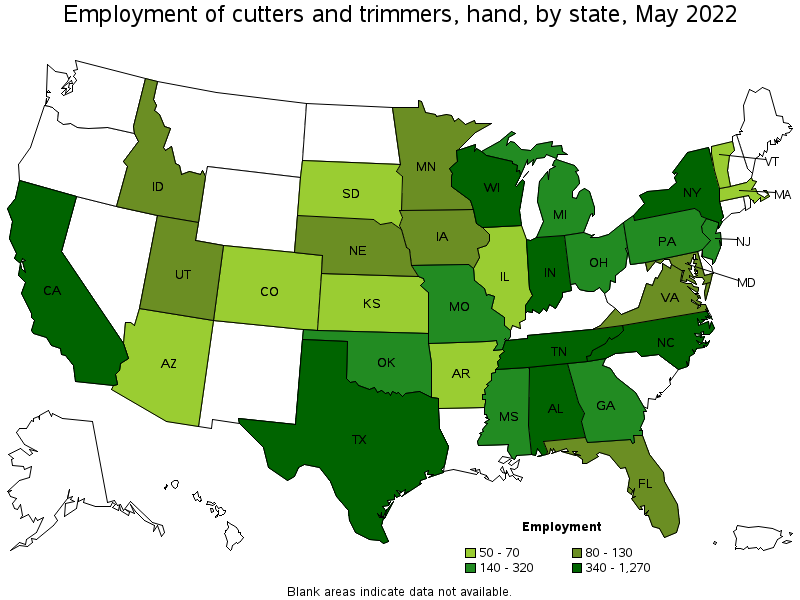 Map of employment of cutters and trimmers, hand by state, May 2022