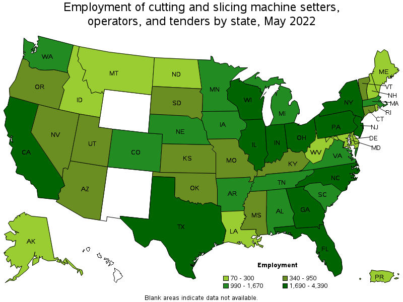 Map of employment of cutting and slicing machine setters, operators, and tenders by state, May 2022