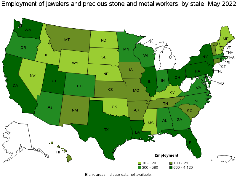Map of employment of jewelers and precious stone and metal workers by state, May 2022