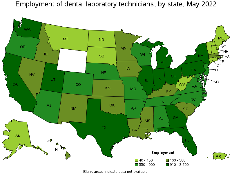 Map of employment of dental laboratory technicians by state, May 2022