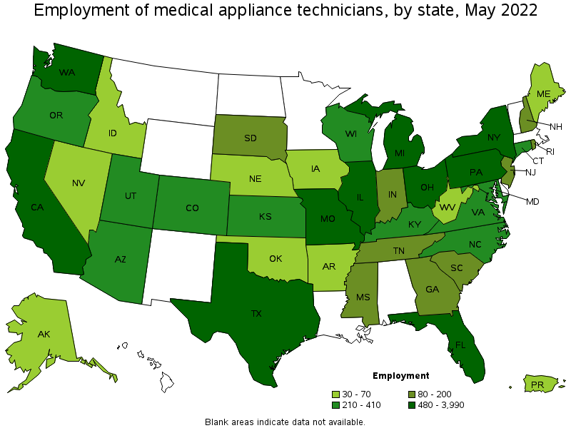 Map of employment of medical appliance technicians by state, May 2022