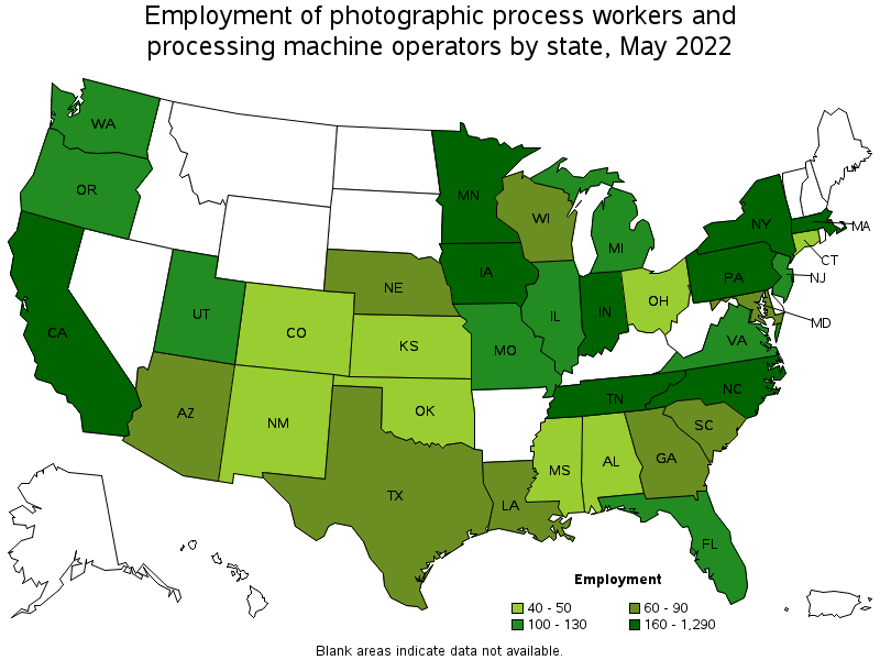 Map of employment of photographic process workers and processing machine operators by state, May 2022