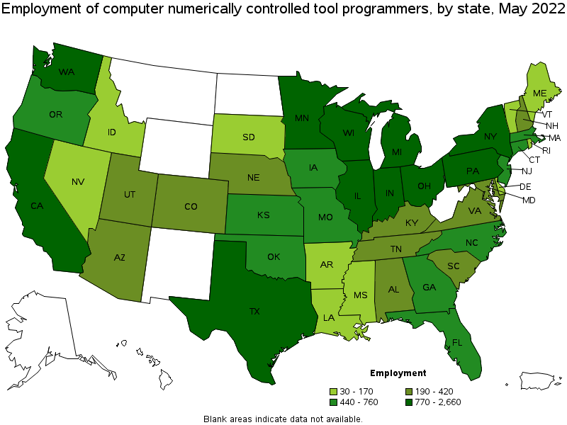 Map of employment of computer numerically controlled tool programmers by state, May 2022