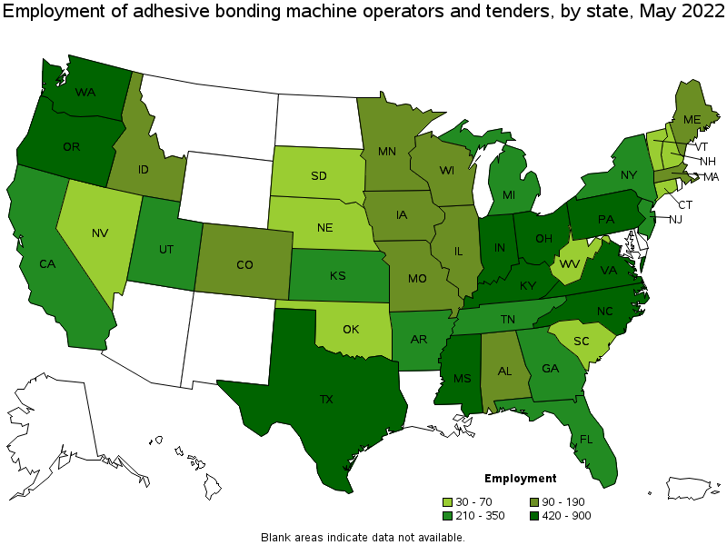 Map of employment of adhesive bonding machine operators and tenders by state, May 2022