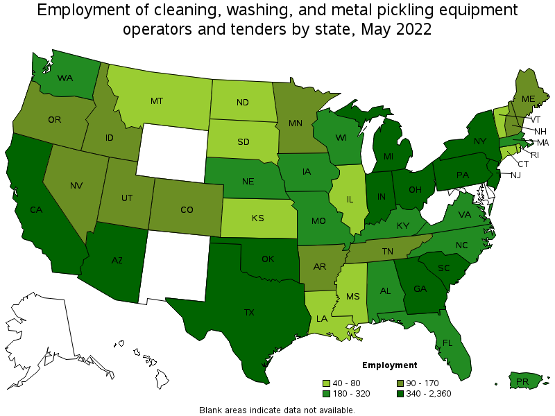 Map of employment of cleaning, washing, and metal pickling equipment operators and tenders by state, May 2022
