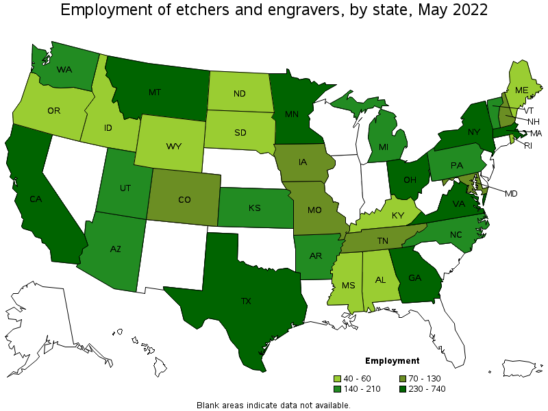 Map of employment of etchers and engravers by state, May 2022
