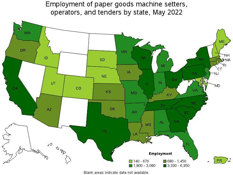 Map of employment of paper goods machine setters, operators, and tenders by state, May 2022