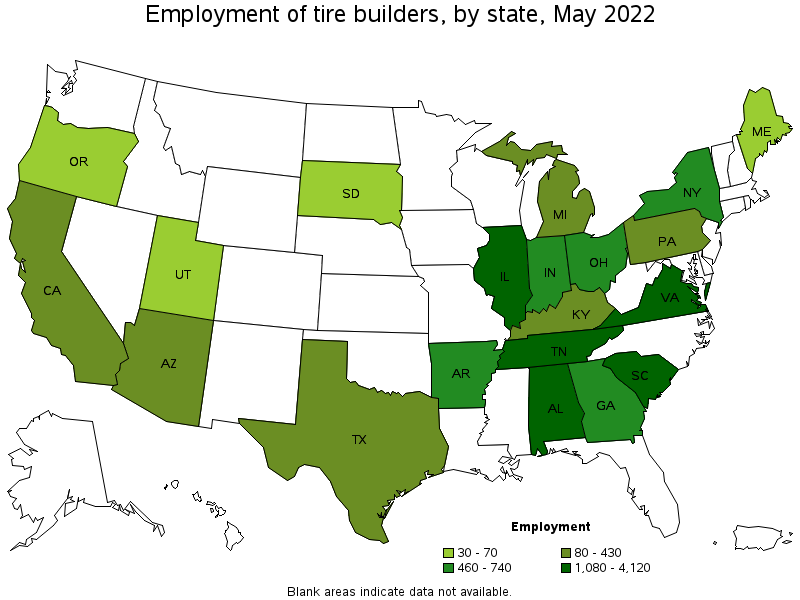 Map of employment of tire builders by state, May 2022