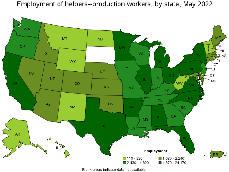Map of employment of helpers--production workers by state, May 2022