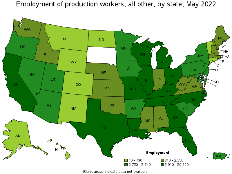 Map of employment of production workers, all other by state, May 2022
