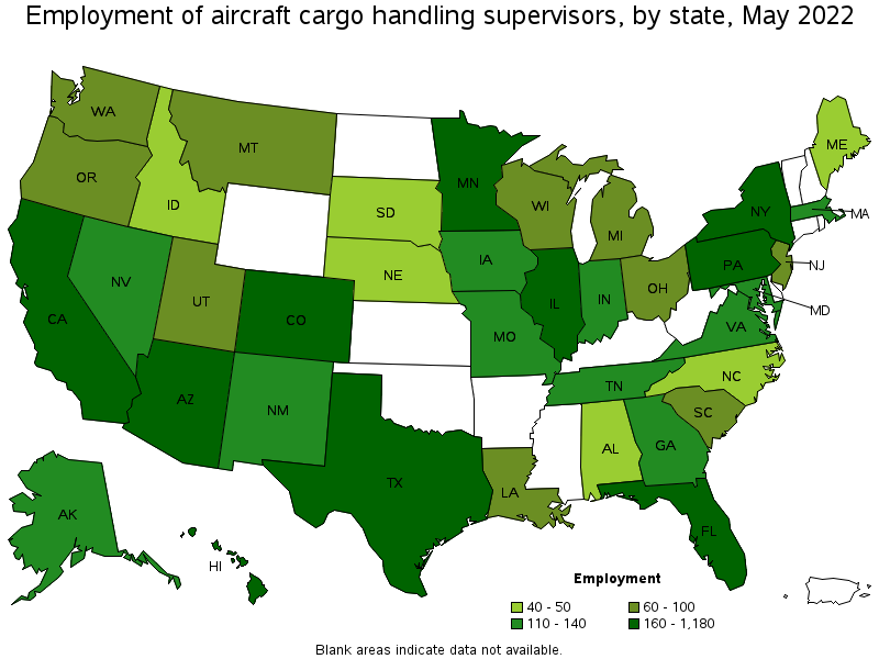 Map of employment of aircraft cargo handling supervisors by state, May 2022