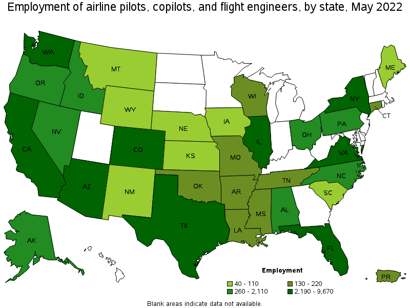 Map of employment of airline pilots, copilots, and flight engineers by state, May 2022