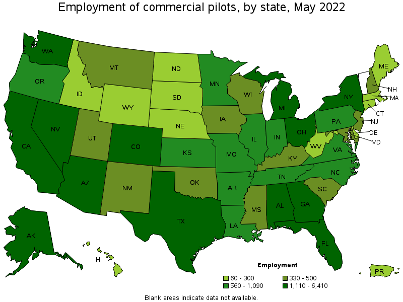 Map of employment of commercial pilots by state, May 2022