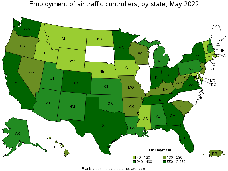 Map of employment of air traffic controllers by state, May 2022