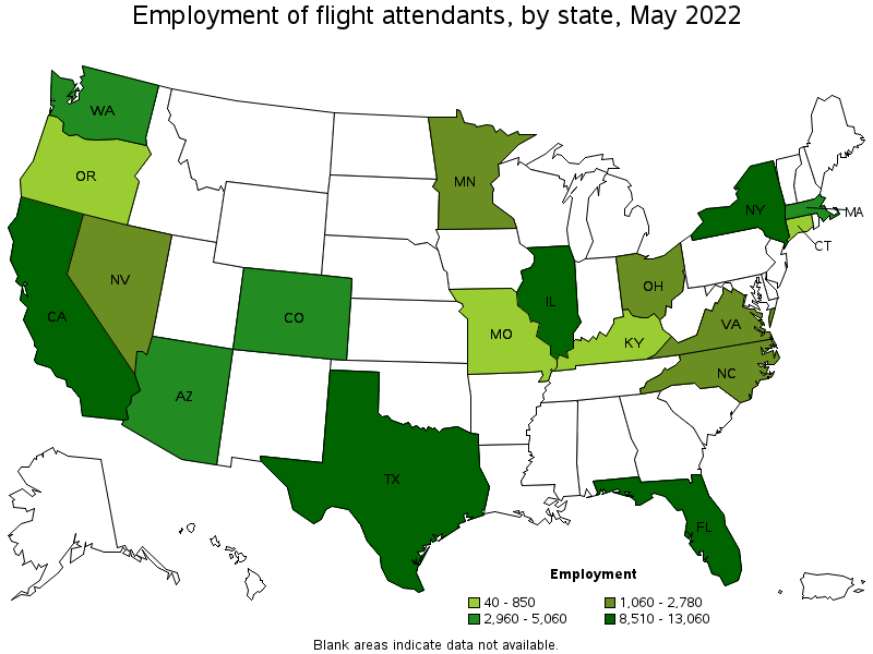 Map of employment of flight attendants by state, May 2022