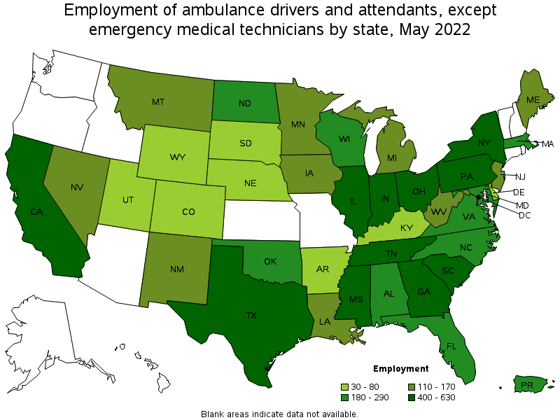 Map of employment of ambulance drivers and attendants, except emergency medical technicians by state, May 2022