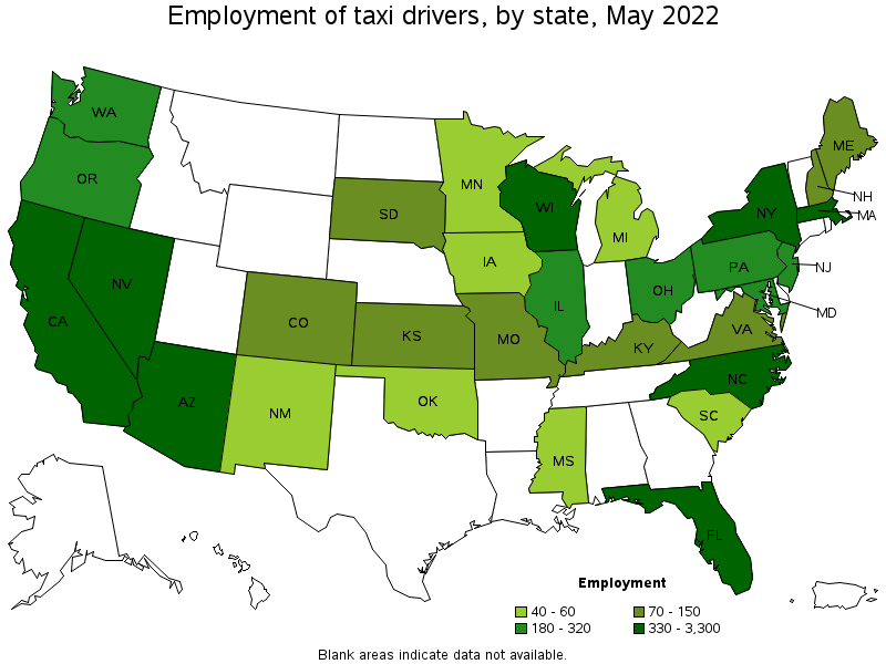 Map of employment of taxi drivers by state, May 2022