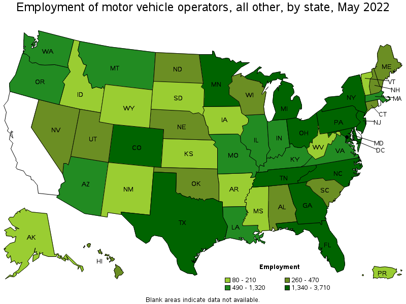 Map of employment of motor vehicle operators, all other by state, May 2022
