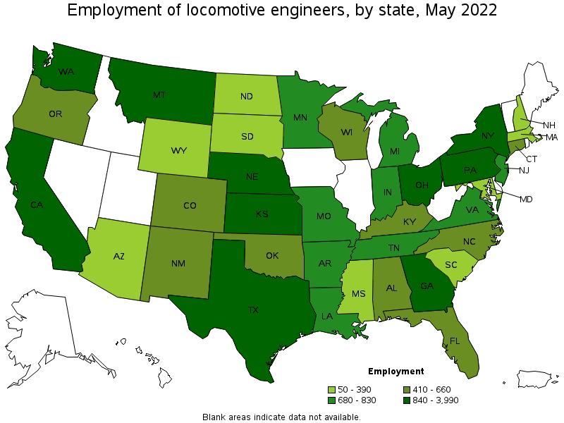 Map of employment of locomotive engineers by state, May 2022