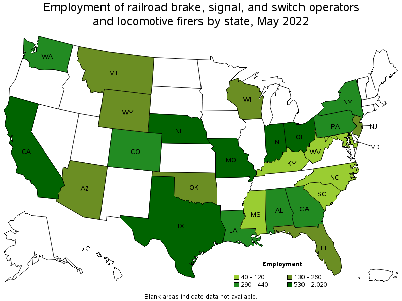 Map of employment of railroad brake, signal, and switch operators and locomotive firers by state, May 2022