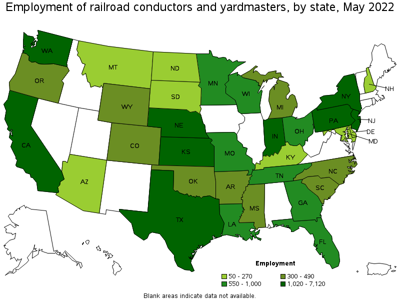 Map of employment of railroad conductors and yardmasters by state, May 2022
