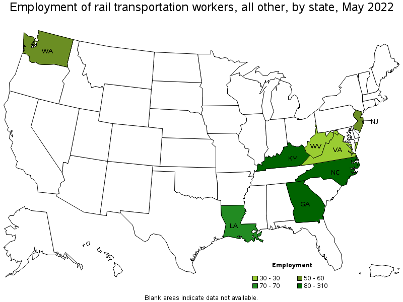 Map of employment of rail transportation workers, all other by state, May 2022