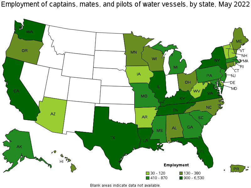 Map of employment of captains, mates, and pilots of water vessels by state, May 2022