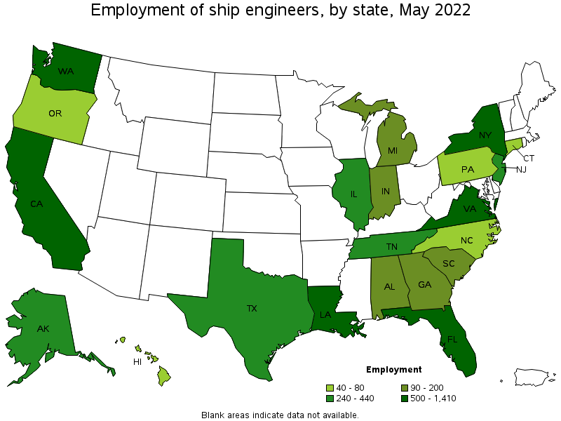Map of employment of ship engineers by state, May 2022
