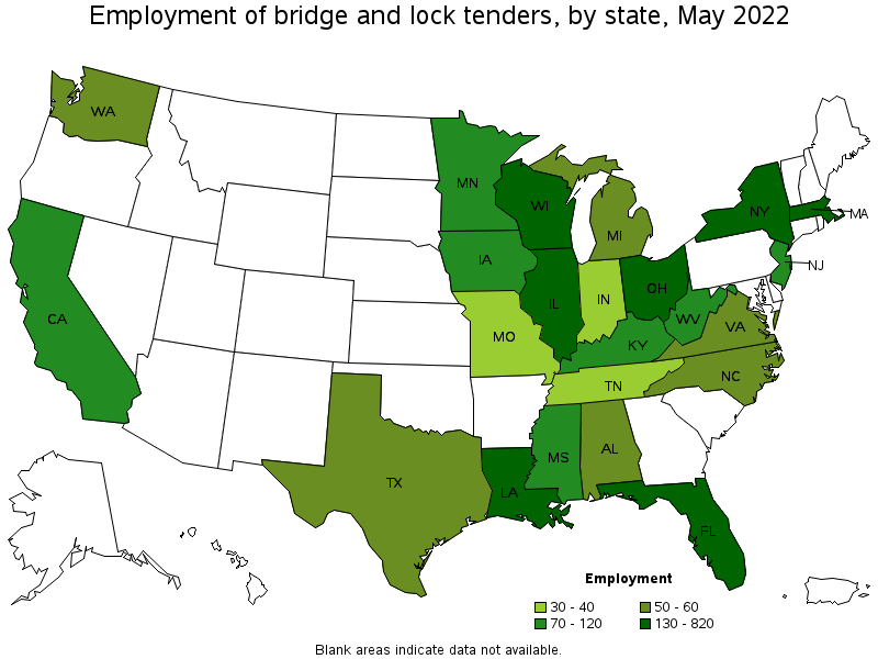 Map of employment of bridge and lock tenders by state, May 2022
