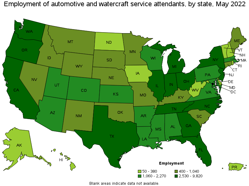 Map of employment of automotive and watercraft service attendants by state, May 2022