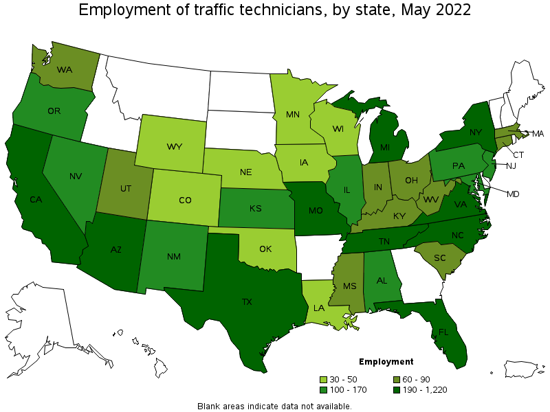Map of employment of traffic technicians by state, May 2022