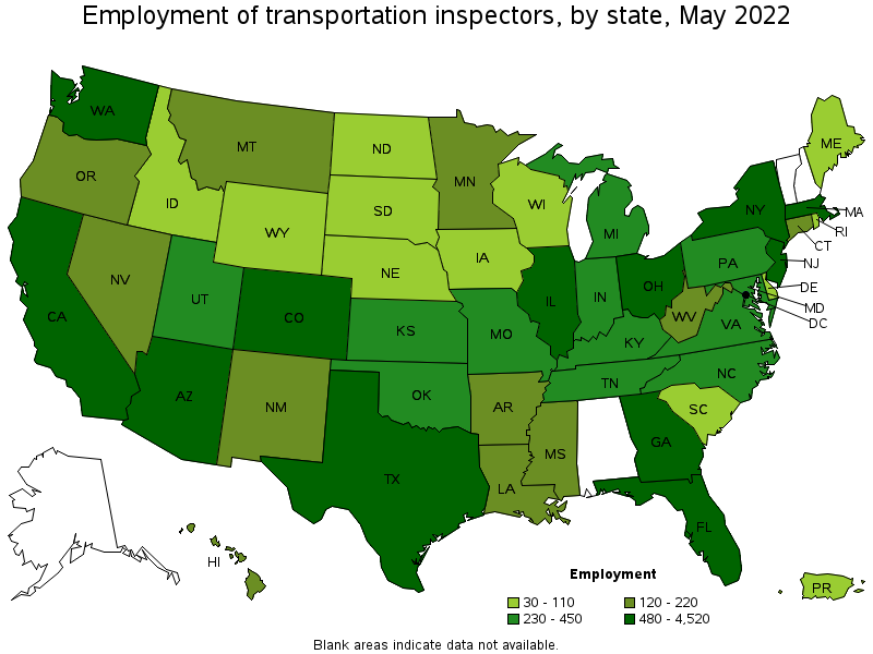 Map of employment of transportation inspectors by state, May 2022