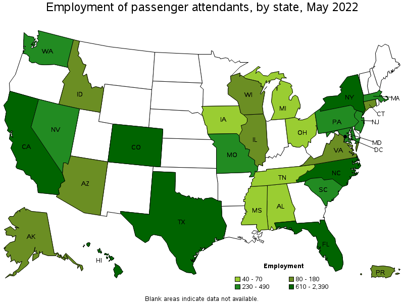 Map of employment of passenger attendants by state, May 2022