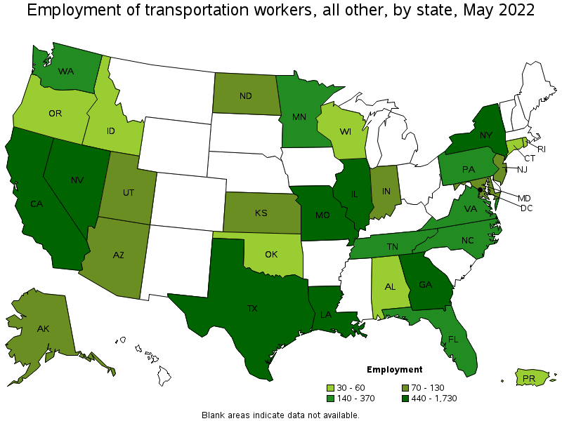 Map of employment of transportation workers, all other by state, May 2022