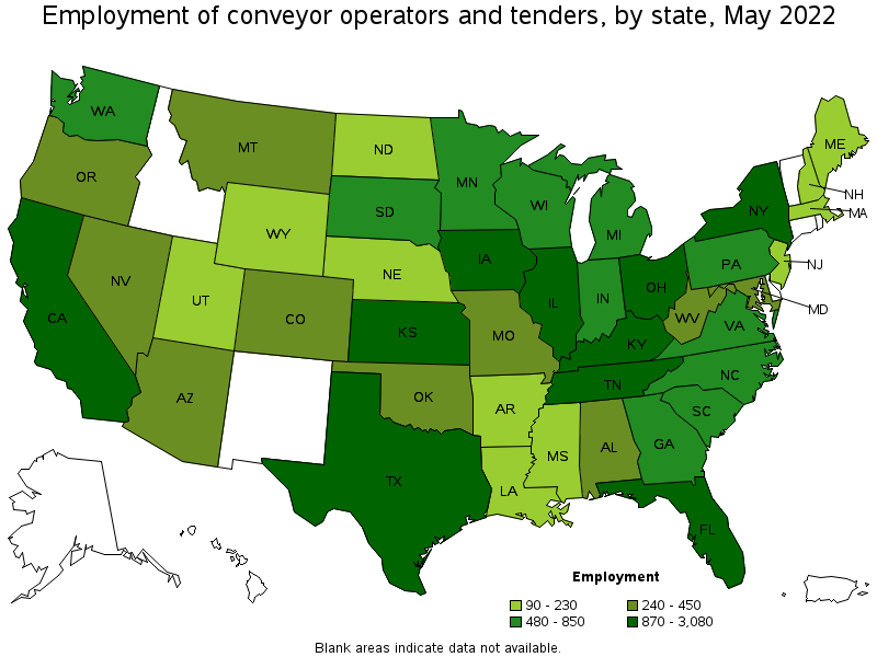 Map of employment of conveyor operators and tenders by state, May 2022