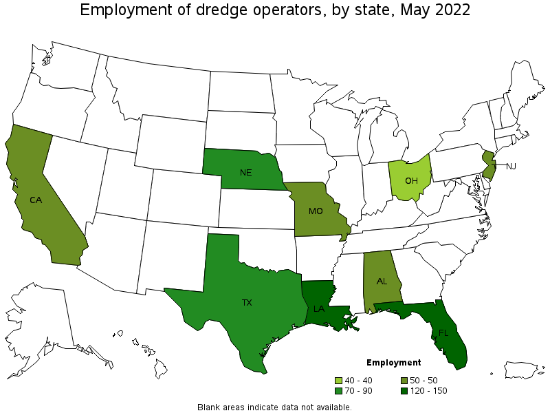 Map of employment of dredge operators by state, May 2022