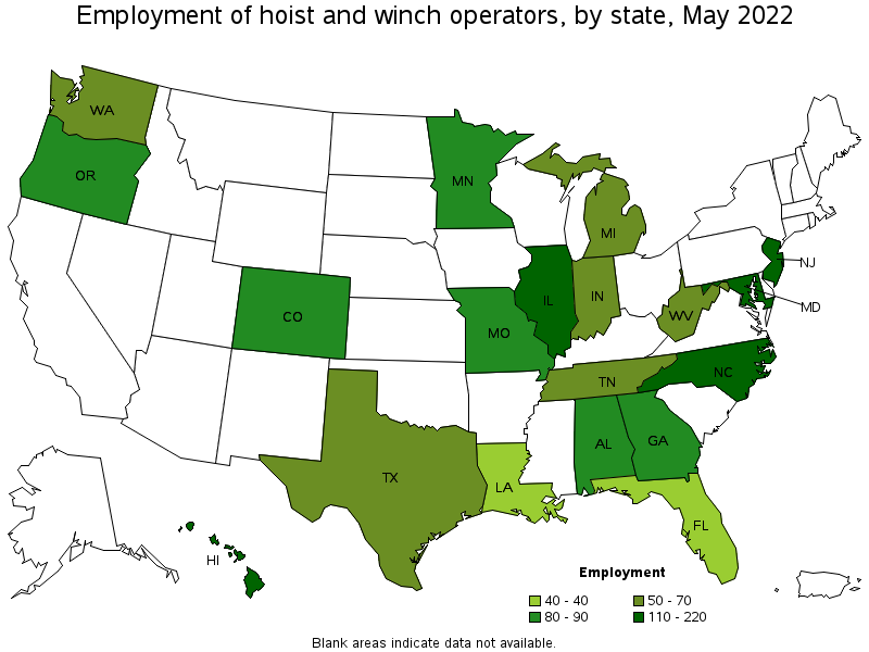 Map of employment of hoist and winch operators by state, May 2022