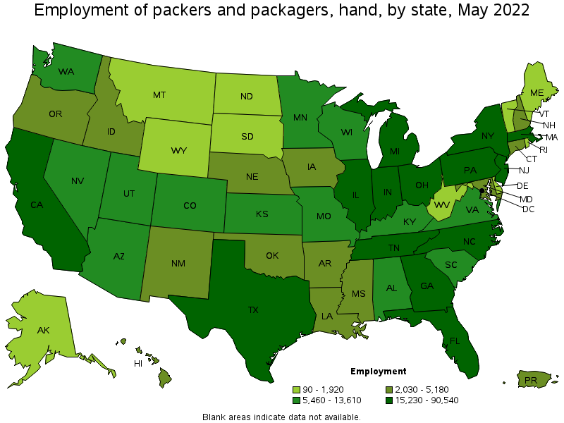 Map of employment of packers and packagers, hand by state, May 2022
