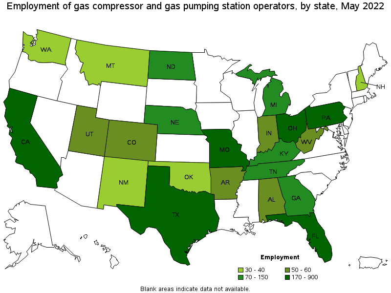 Map of employment of gas compressor and gas pumping station operators by state, May 2022