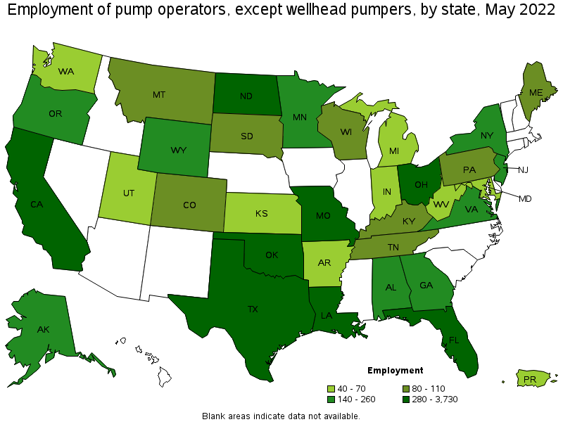 Map of employment of pump operators, except wellhead pumpers by state, May 2022