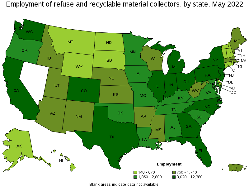 Map of employment of refuse and recyclable material collectors by state, May 2022