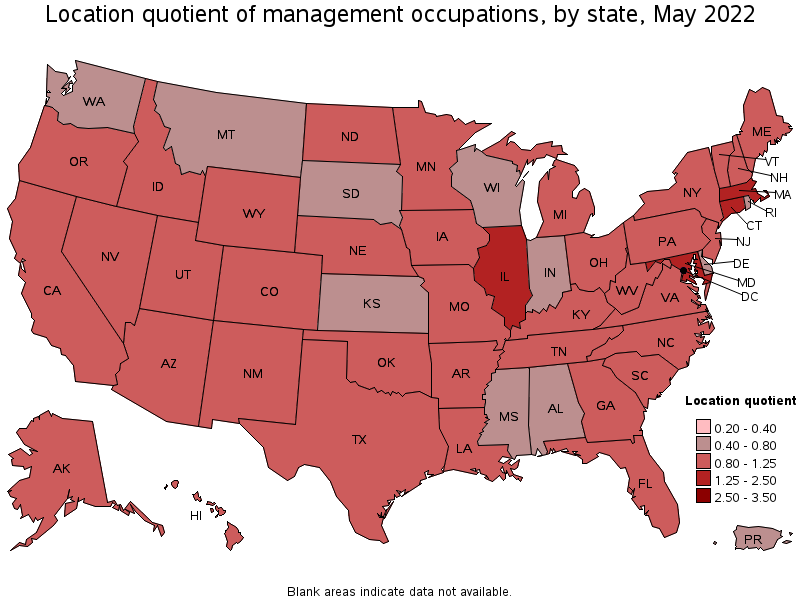 Map of location quotient of management occupations by state, May 2022