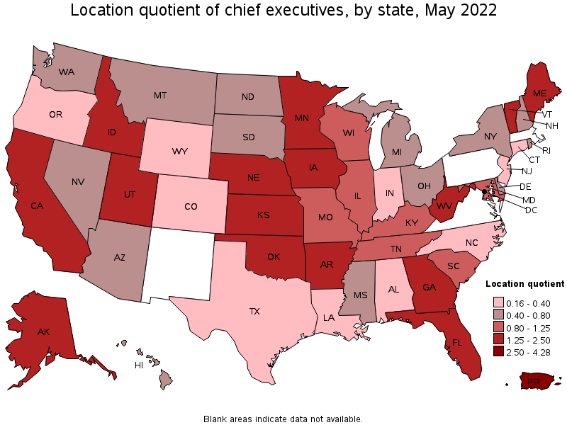 Map of location quotient of chief executives by state, May 2022