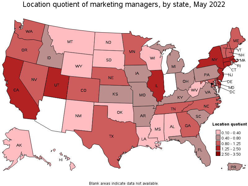 Map of location quotient of marketing managers by state, May 2022