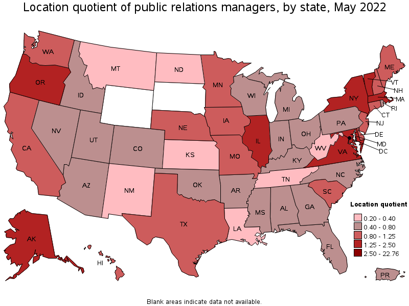 Map of location quotient of public relations managers by state, May 2022